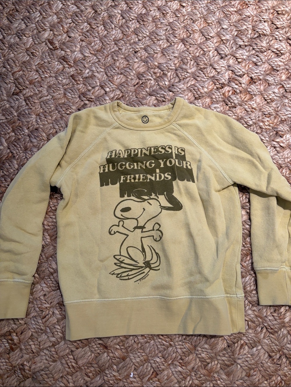 Junk Food Clothing Kids Sweatshirt in Light Olive with Snoopy Hug Graphic